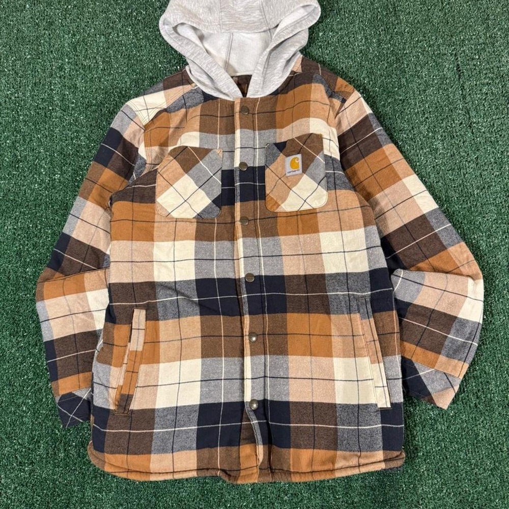 Carhartt Plaid Hooded Flannel-Lined Jacket OJ8584-B Brown Tan Navy Youth L 14-16